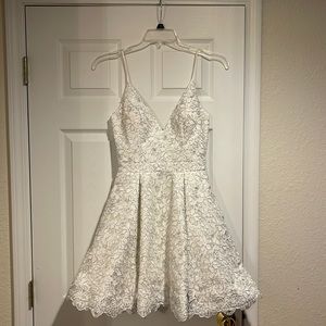 Sleeveless Floral Lace Fit-and-Flare Cocktail Dress, Off White/Silver